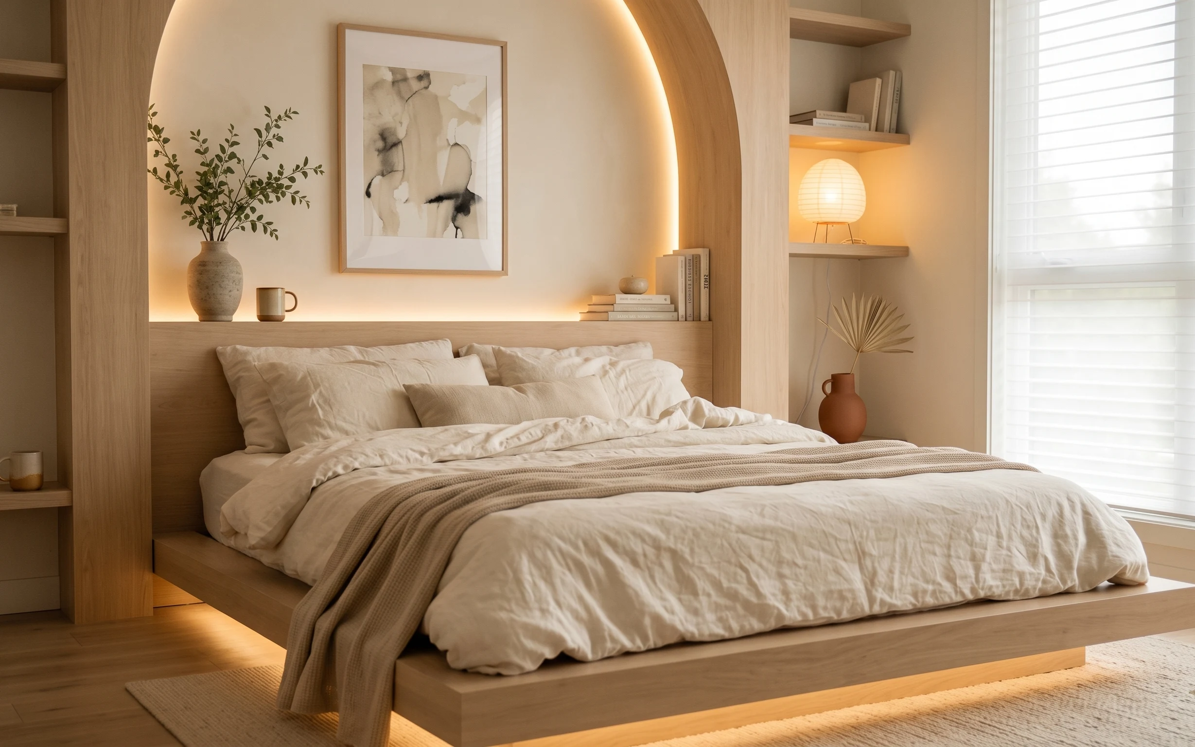 Warm bedroom with white bedding, tan knit throw, framed abstract print, plug-in lamp, and ceramic decor on shelves