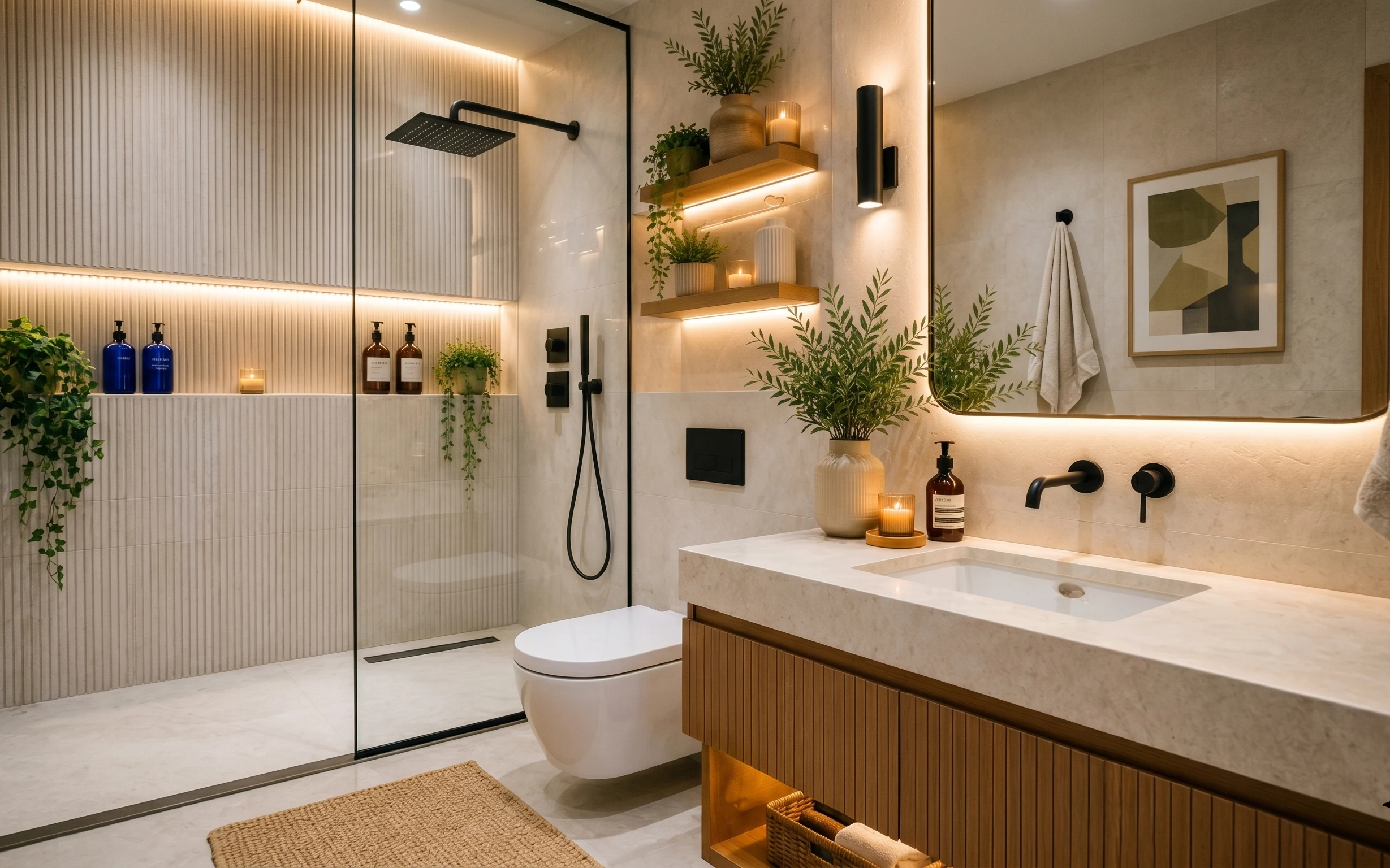 Spa-like bathroom corner with glass shower, warm wood vanity, framed art, candles, and a leafy plant in a ribbed vase