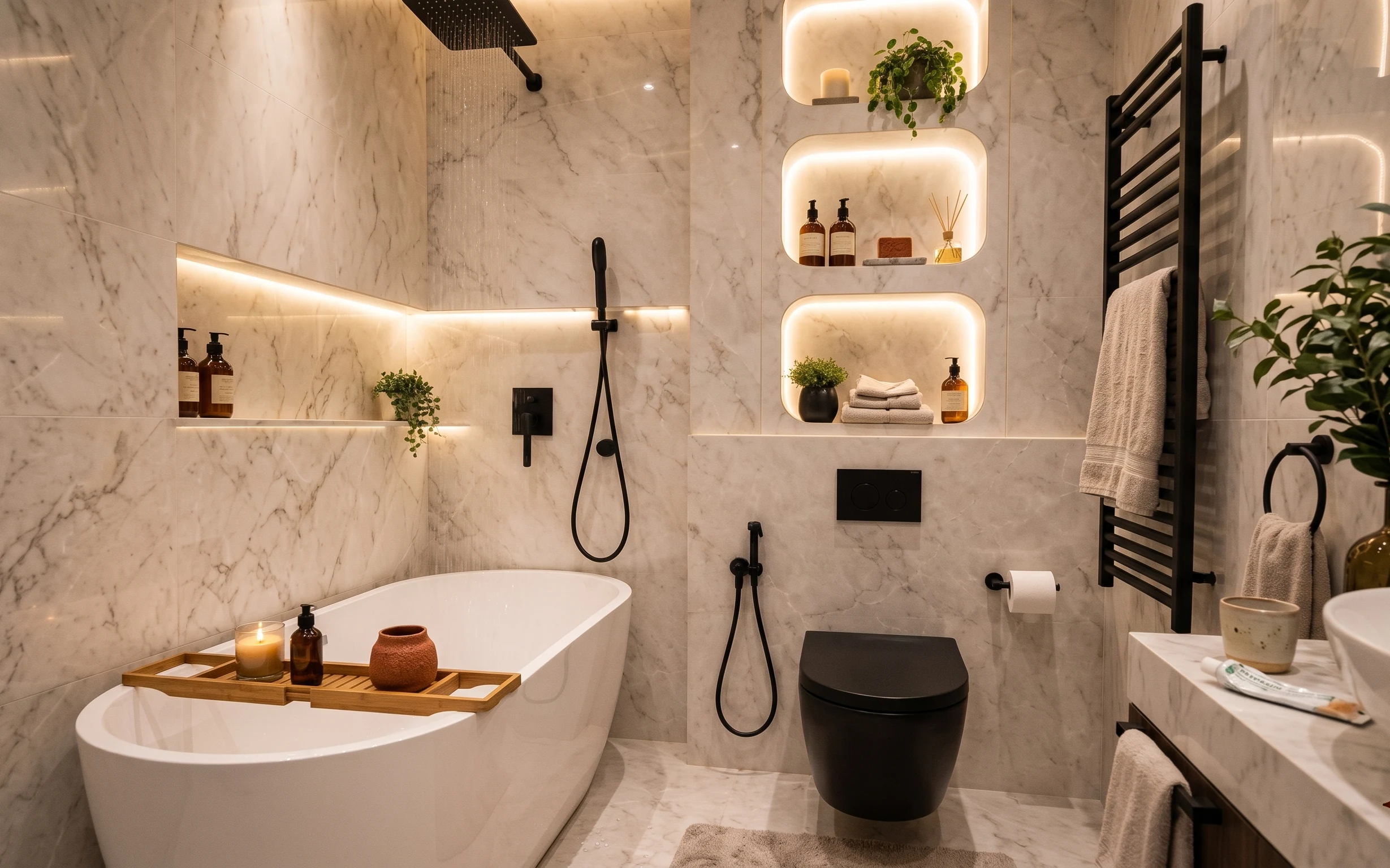 Warm marble-look bathroom with illuminated niches, tub tray styling, folded towels, plants, and a candle