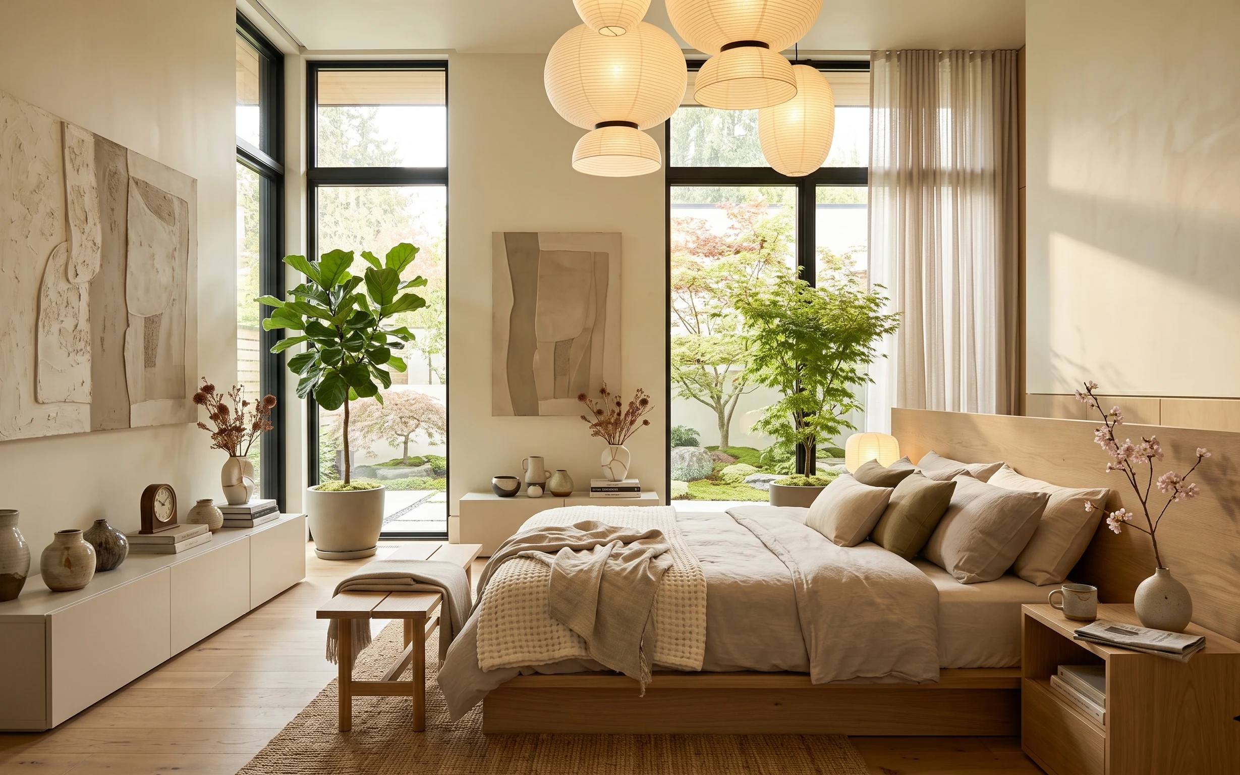 Warm japandi bedroom with low platform bed, beige pillows, linen curtains, globe pendants, ceramic vases, and framed abstract art