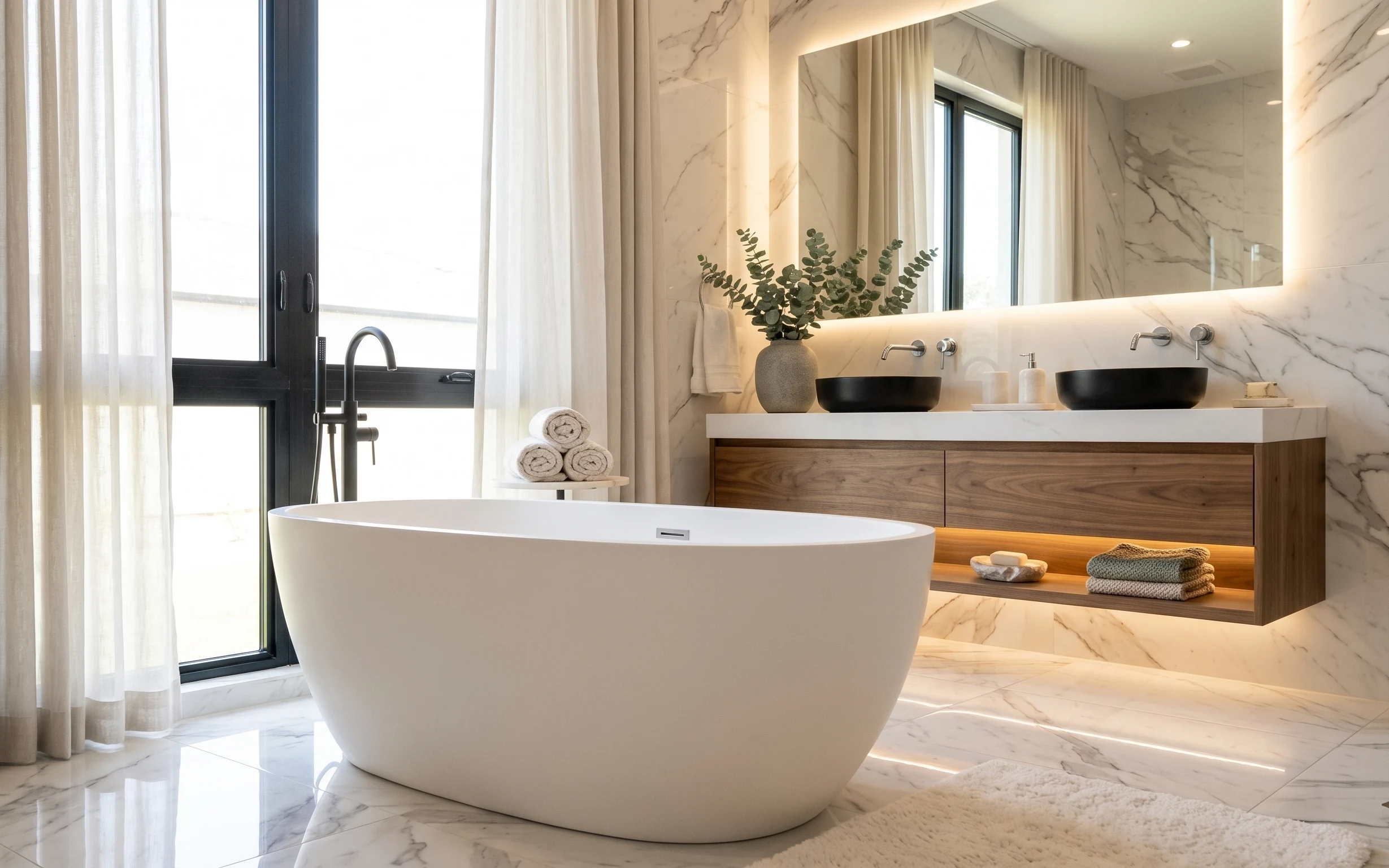 Freestanding bathtub in a warm neutral bathroom with sheer curtains, vanity mirror, eucalyptus vase, and folded towels