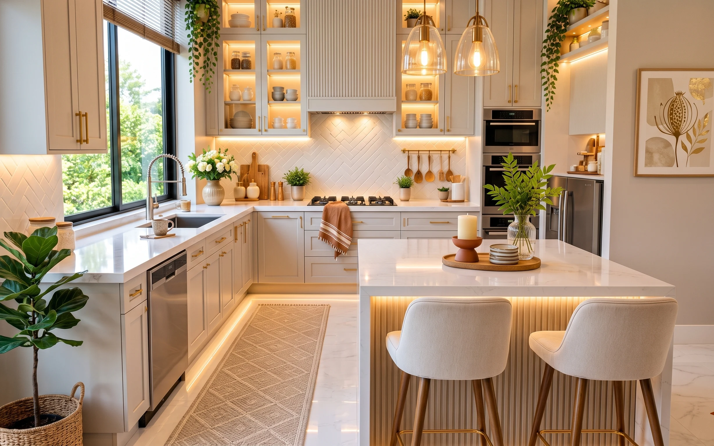 Warm modern kitchen island with bar stools, rug runner, pendant lights, plants, and framed botanical art