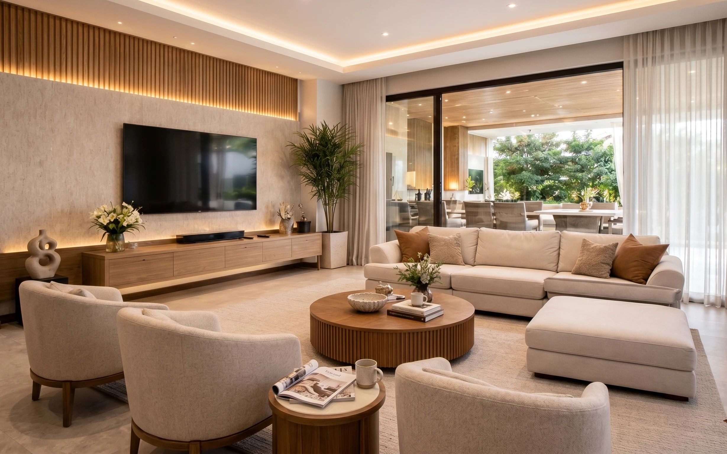 Warm neutral living area with beige sofa, round wood coffee table, large rug, and tall potted plant by curtains