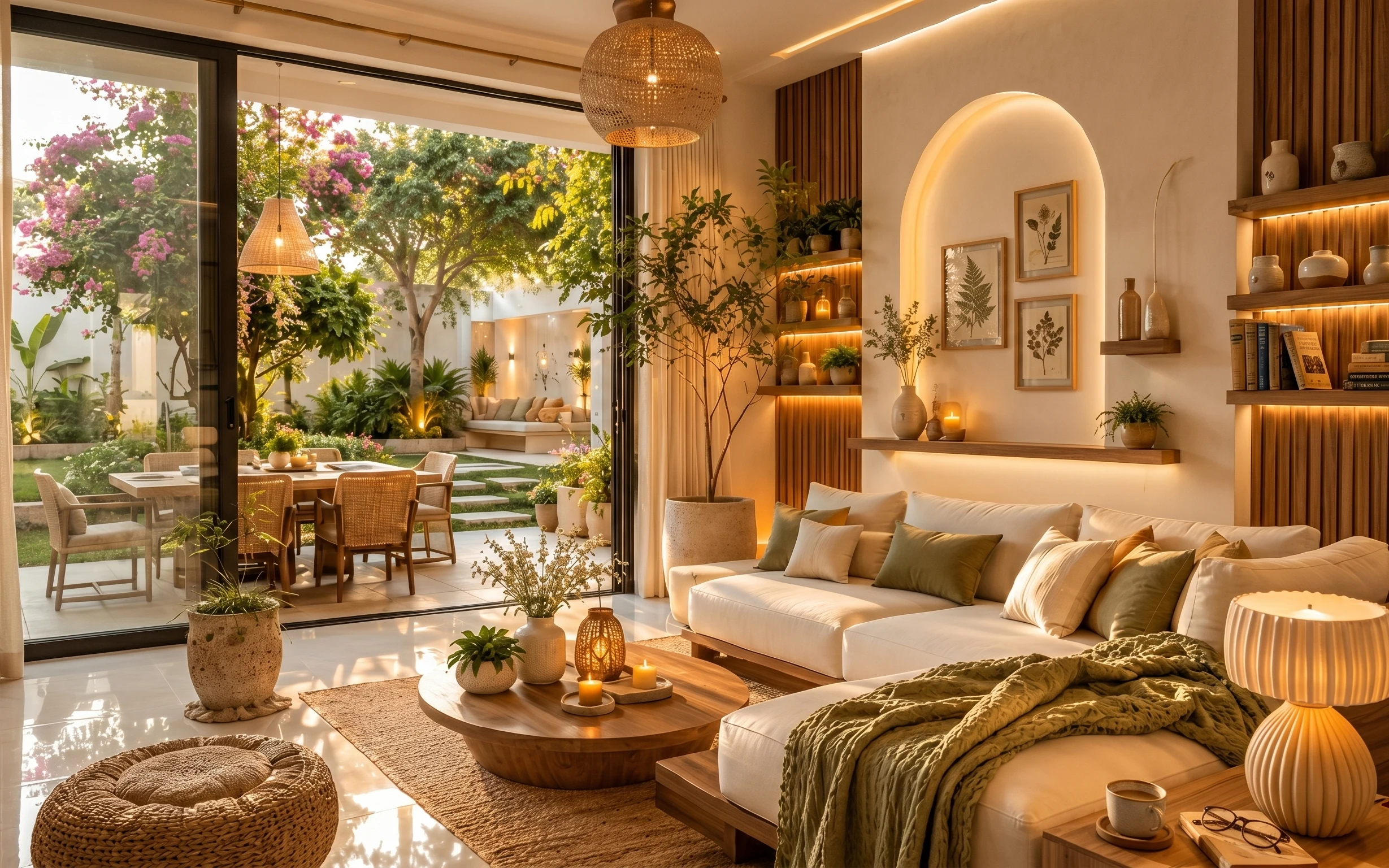 Warm renter-friendly living room with cream curtains, jute-look rug, round coffee table, candles, plants and framed botanicals