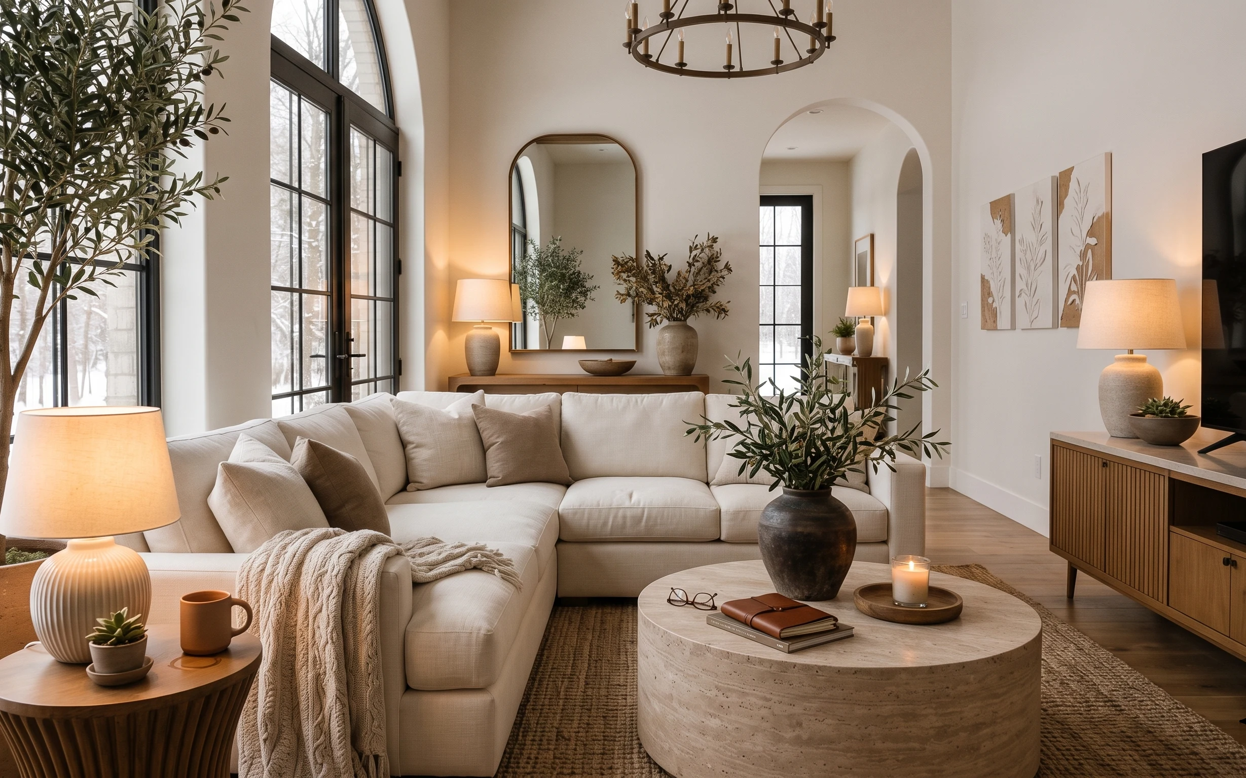 Warm neutral living room corner with cream sofa, arched mirror, botanical prints, table lamp, and ceramic vases