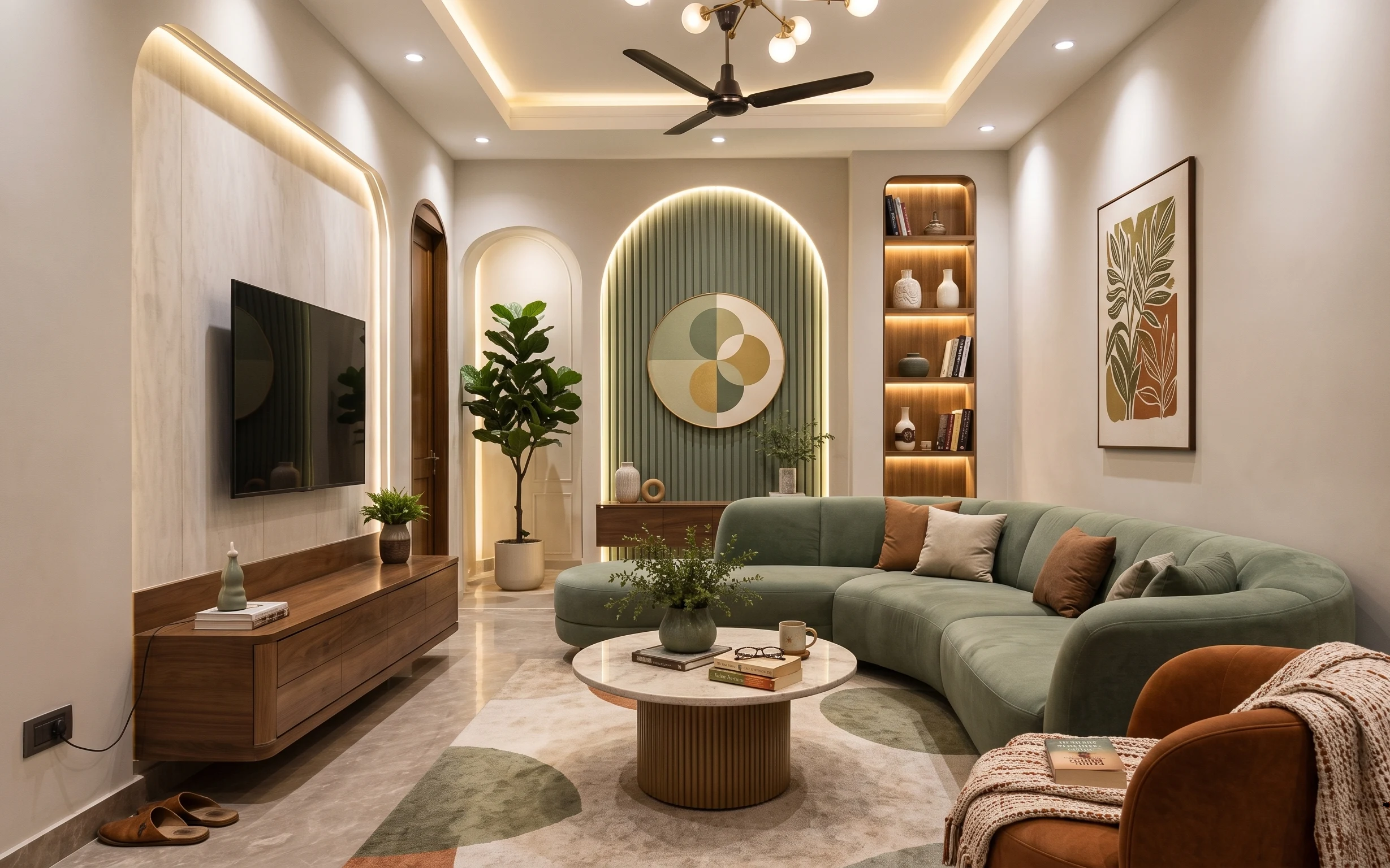 Bright sofa lounge with sage green couch, arched niche vertical stripes wallpaper, framed botanical art, and warm wood media console