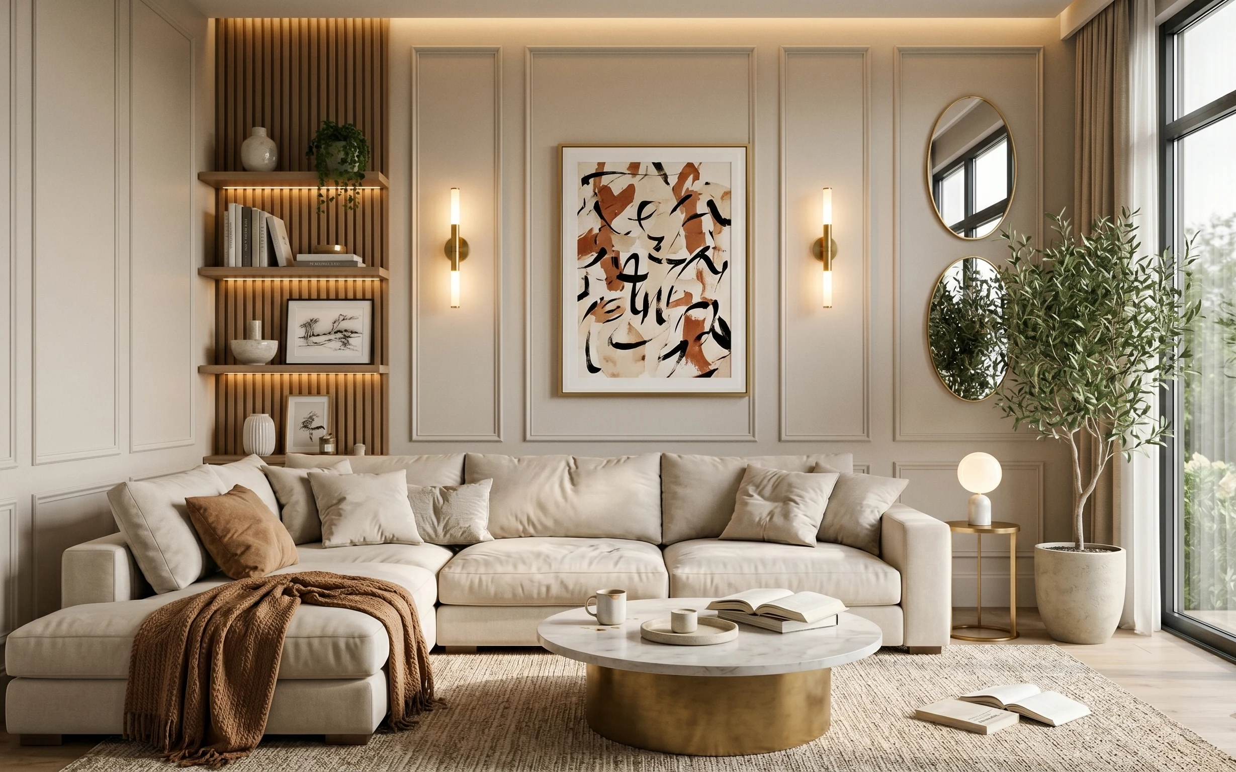 Warm neutral living room with cream sofa, beige rug, round coffee table, framed abstract art, oval mirror, and wall sconces