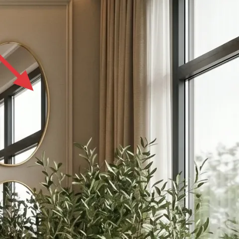 Oval wall mirror on the right