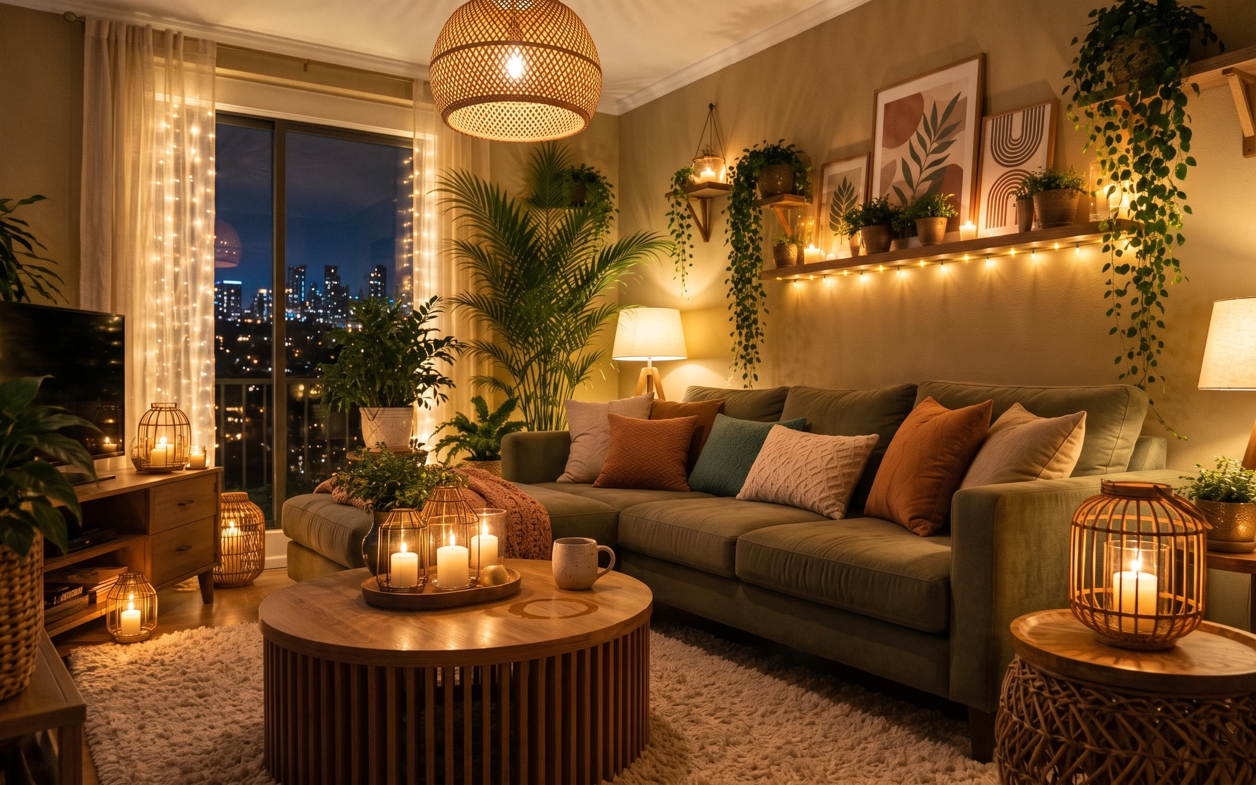 Warm boho sofa corner with woven pendant light, curtain panels, wall shelf plants, framed botanical prints