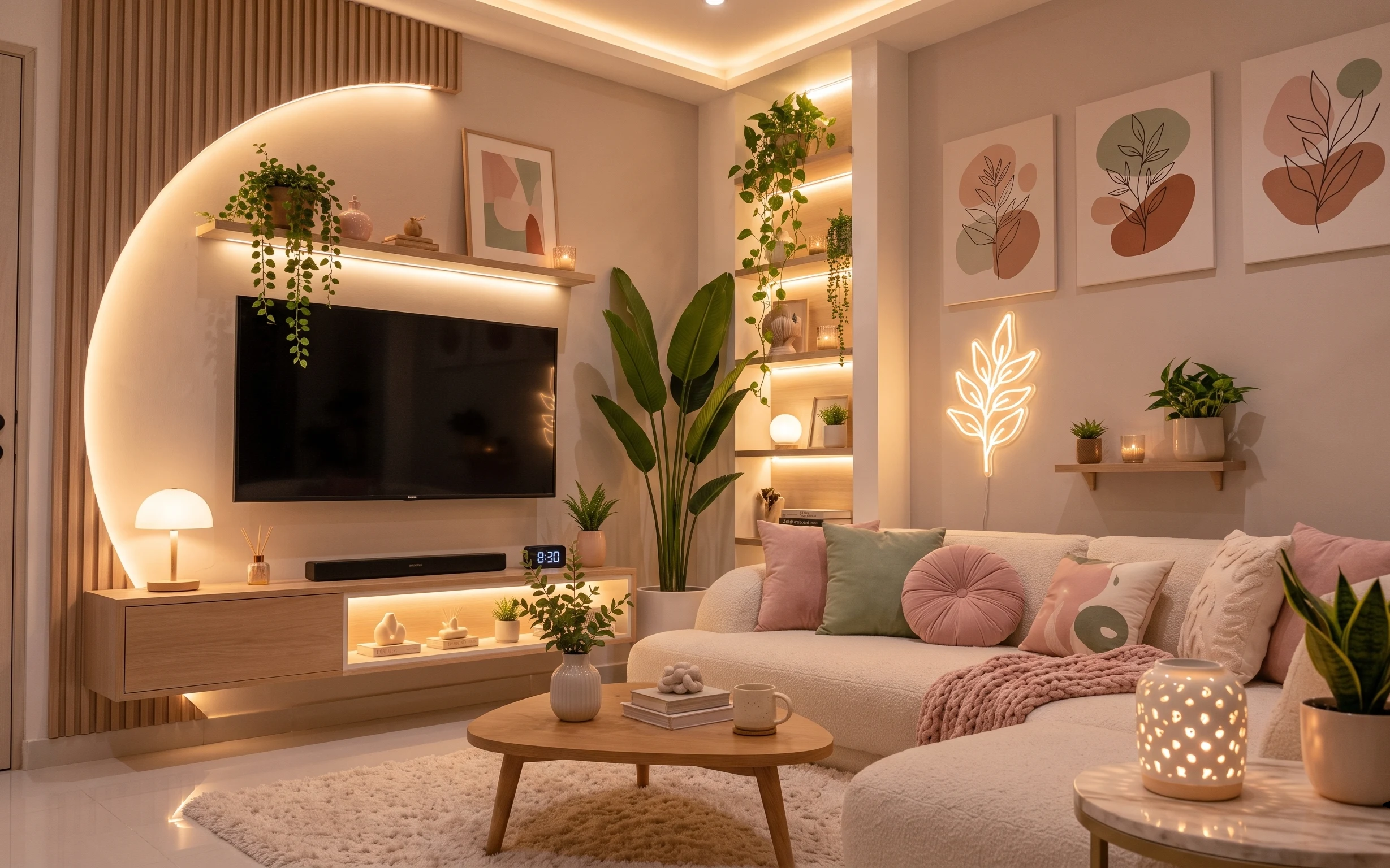 Warm living room corner with sofa, TV console, shag rug, knit throw, table lamp, neon leaf light, framed botanical prints, and plants