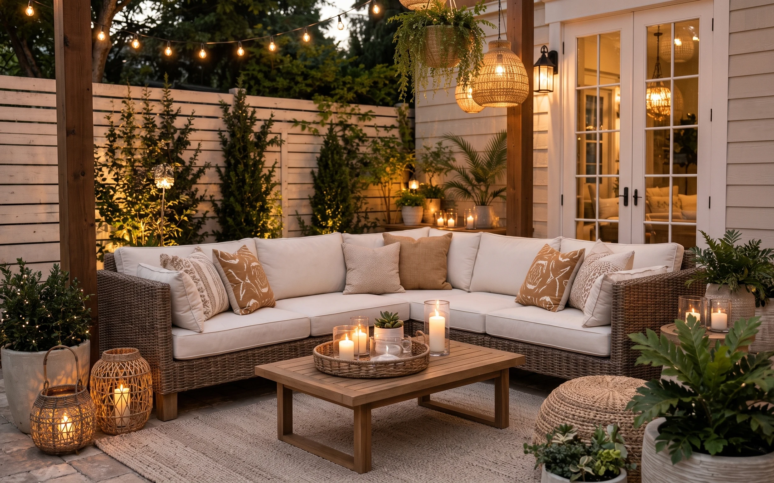 Boho outdoor patio seating with cream cushions, lantern lighting, woven pendant, and potted plants at night