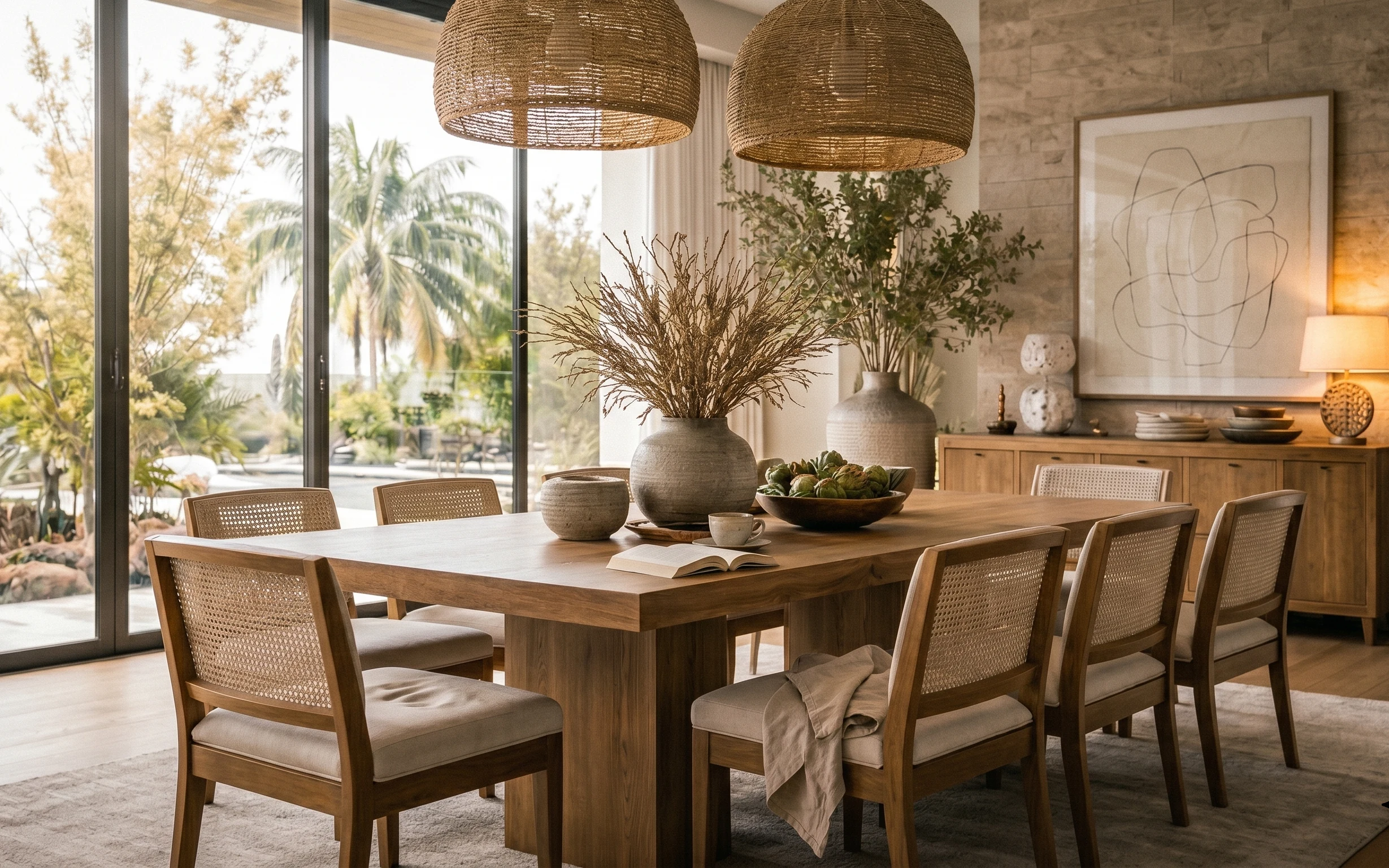 Warm wood dining table with linen cloth, plug-in lamp, ceramic vases, framed art, and woven pendant shades